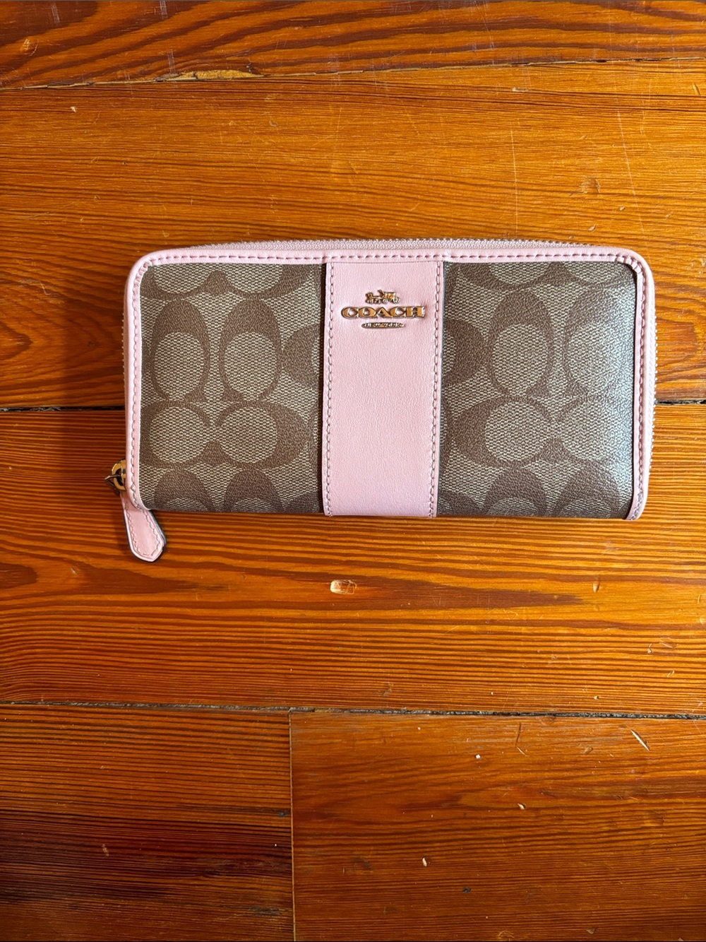 Coach Brown Signature Zip Wallet with Pink Trim….New Without Tags